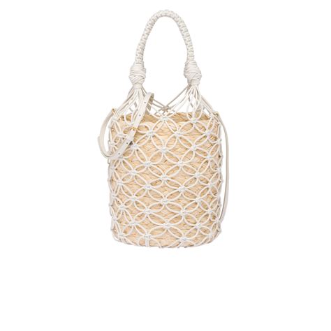 Leather mesh and straw bucket bag Tan/white .